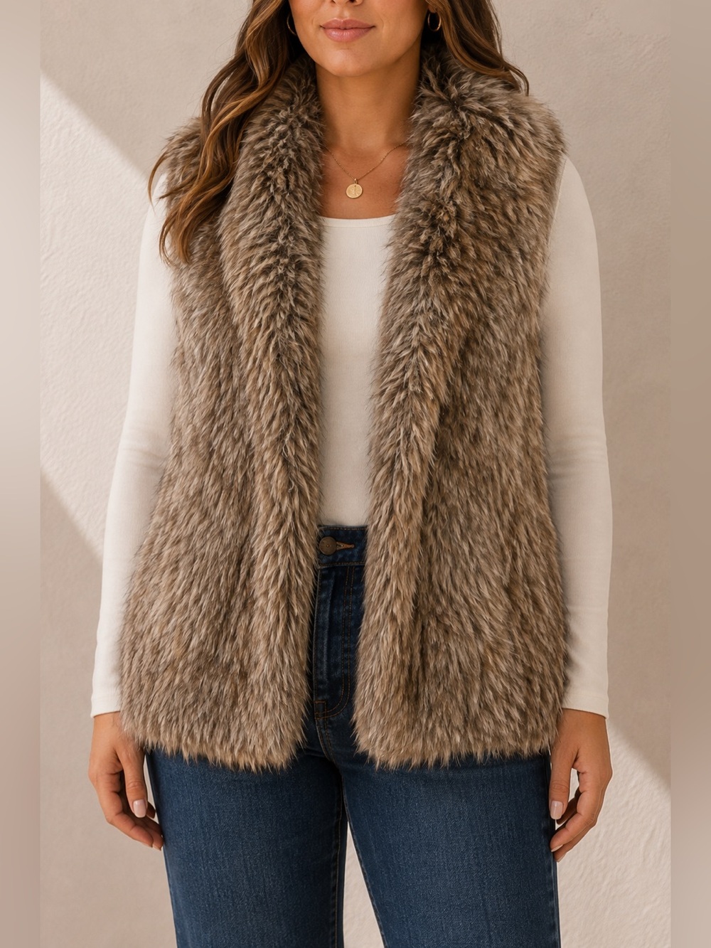 GAP Faux Fur Open Front Vest Brown Taupe Women’s XL